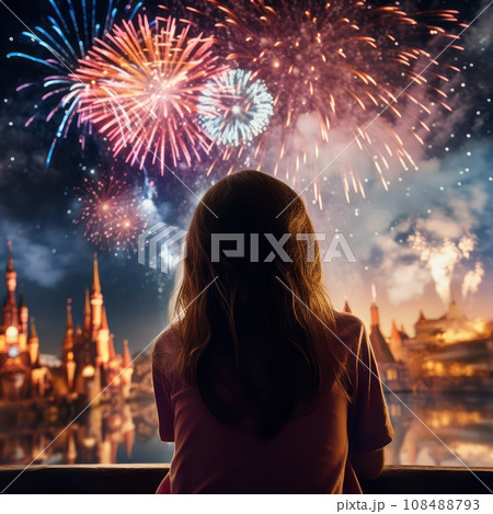 Enchanted Evening with Girl Watching Fireworks - Fairy-Tale Magic at Disney Park,ai generated Enchanted Evening with Girl Watching Fireworks - Fairy-Tale Magic at Disney Park,ai generated 108488793