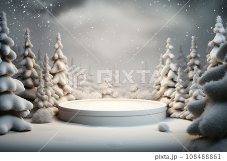 Empty 3D White Podium Stand Surrounded by Fir Trees and Falling Snow, Christmas Concept 108488861