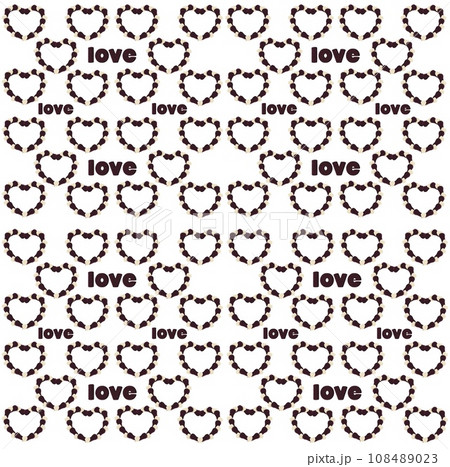 A pattern of small hearts of brown and beige colour , and title love on a white background. A pattern of small hearts of brown and beige colour , and title love on a white background. 108489023