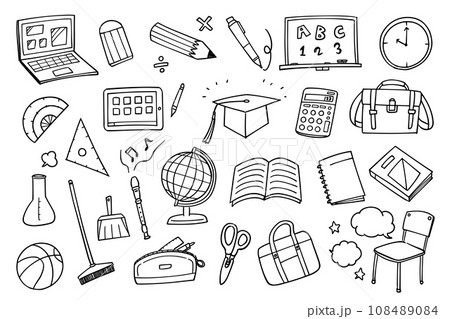 学校をテーマにしたスクール用具線画イラストセット 108489084