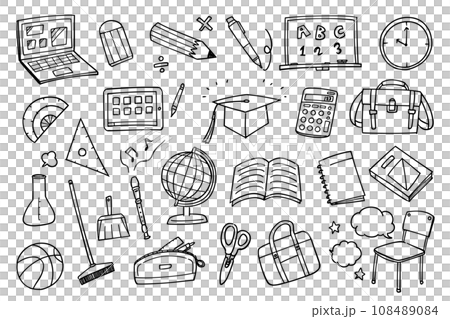 学校をテーマにしたスクール用具線画イラストセット 108489084