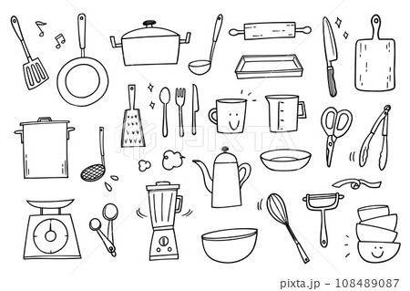キッチンをテーマにした調理器具手描き線画イラストセット 108489087