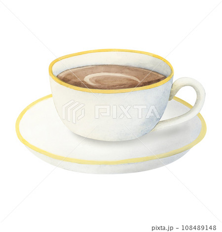 White ceramic coffee cup with cappuccino, hot chocolate or cocoa watercolor illustration isolated on white background for menus, invitations, logos, and prints White ceramic coffee cup with cappuccino, hot chocolate or cocoa watercolor illustration isolated on white background for menus, invitations, logos, and prints 108489148