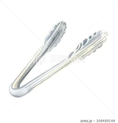 Steel tongs for ice, grilled meat, cake, pastry and bartending watercolor illustration isolated on white background. Buffet serving tongs for cooking and kitchen 108489149