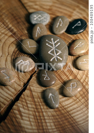 runic talisman runescript surrounded by runes 108489195