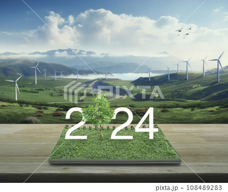 Happy new year 2024 green ecology and saving energy concept, Generative AI 108489283