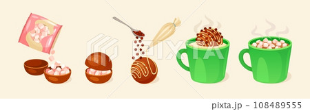 Chocolate bombs cooking. Cocoa bomb marshmallow preparation, delicious dessert mug hot cafe drinks, luxury sweets food confection breakfast choco balls neoteric vector illustration Chocolate bombs cooking. Cocoa bomb marshmallow preparation, delicious dessert mug hot cafe drinks, luxury sweets food confection breakfast choco balls neoteric vector illustration 108489555