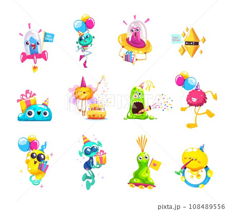 Monster birthday party. Goofy monsters toy with balloon cupcake halloween kid holidays, silly funny troll creature character, alien space child surprise classy vector illustration Monster birthday party. Goofy monsters toy with balloon cupcake halloween kid holidays, silly funny troll creature character, alien space child surprise classy vector illustration 108489556