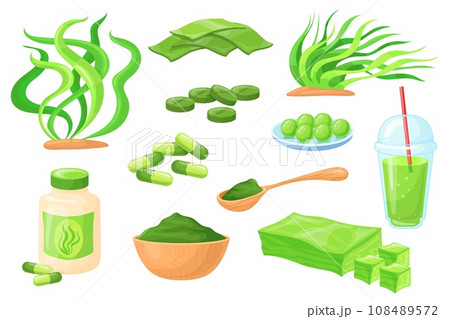 Spirulina. Seaweed food for wellness, algae plant smoothies powder pills green detox smoothie drink, diet superfood chlorella alga natural medicinal foods, neat vector illustration 108489572
