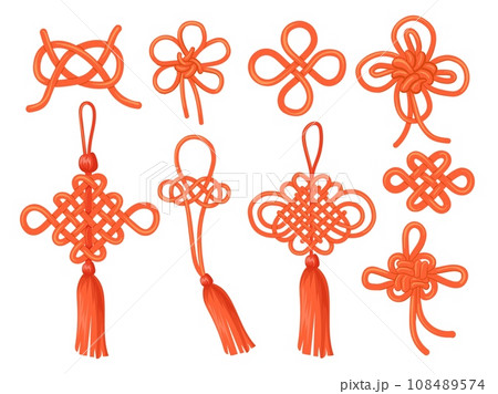 Chinese knots. Japanese knot stencil, traditional asian lucky auspicious symbol china endless ornament knotted ribbon, feng shui typical decoration element neat vector illustration 108489574