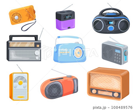 Cartoon radio receiver. Retro modern radios tuners with antenna for listening music or news channel on fm frequency, stereo audio broadcast communication neat vector illustration 108489576
