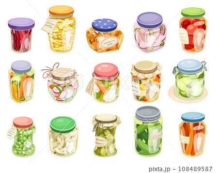 Preserved vegetables. Pickled food glass jars homemade marinades, kitchen meal preservation canning fruit tomatoes cabbage salad conserve peas cucumber neoteric vector illustration 108489587