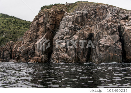 A panoramic view of the Cape Breton Island Coast line cliff scenic Cabot Trail route, Nova Scotia Hghlands Canada 108490235