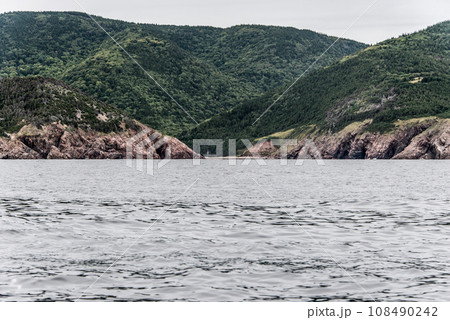 A panoramic view of the Cape Breton Island Coast line cliff scenic Cabot Trail route, Nova Scotia Hghlands Canada 108490242