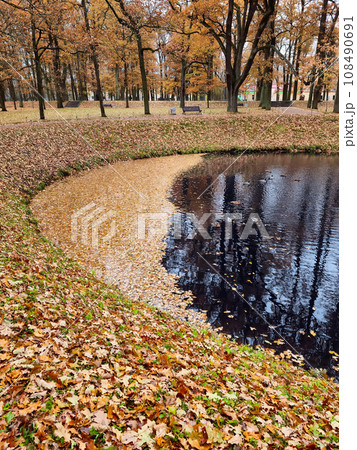 Round pond in autumn. Fallen leaves on the surface of the water in the shape of a crescent. Round pond in autumn. Fallen leaves on the surface of the water in the shape of a crescent. 108490691
