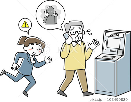 電話しながらATMに向かうシニア男性と駆け寄る銀行員 電話しながらATMに向かうシニア男性と駆け寄る銀行員 108490820