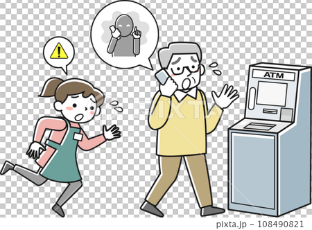 電話しながらATMに向かうシニア男性と駆け寄るコンビニ店員 108490821