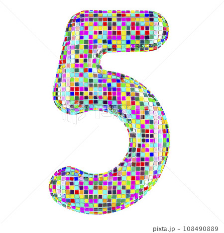 Mosaic font, number 5 from vivid mosaic pieces. 3D rendering 108490889