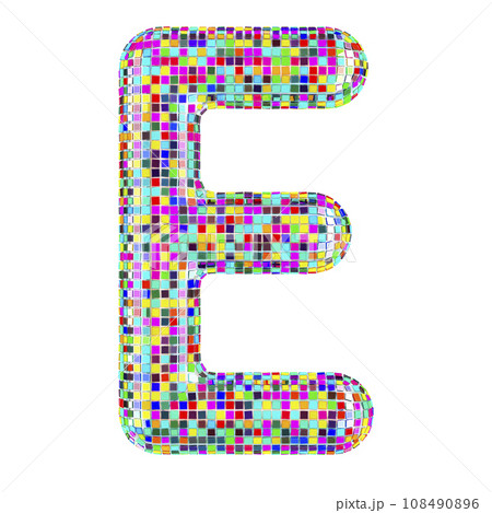 Mosaic font, letter E from vivid mosaic pieces. 3D rendering 108490896