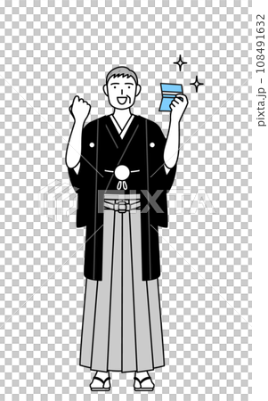 A senior man wearing a crested hakama is happy to see his bankbook, at a New Year's shrine visit or at a wedding. A senior man wearing a crested hakama is happy to see his bankbook, at a New Year's shrine visit or at a wedding. 108491632