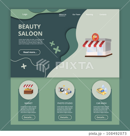 Beauty saloon flat landing page website template. Market, photo studio, car wash. Web banner with header, content and footer. Vector illustration. Beauty saloon flat landing page website template. Market, photo studio, car wash. Web banner with header, content and footer. Vector illustration. 108492073