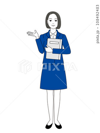 ファイルを持ってどうぞと案内しているポーズのスーツ姿の女性 108492483