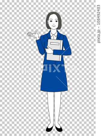 ファイルを持ってどうぞと案内しているポーズのスーツ姿の女性 108492483