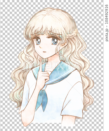不安そうな80年代少女まんが風の美少女キャラクターのイラスト素材