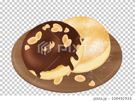 木のお皿にのったチョコレートドーナツとシュガードーナツセット 108492938