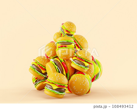 3d render huge stack of fast food meal hamburgers or burgers isolated on background. Junk food, problem of unhealthy nutrition, overeating concept, symbol of diet temptation, banner. 3D illustration 108493412