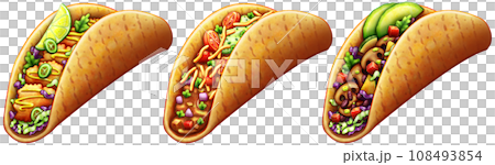 Set of three different tacos on a transparent background 108493854
