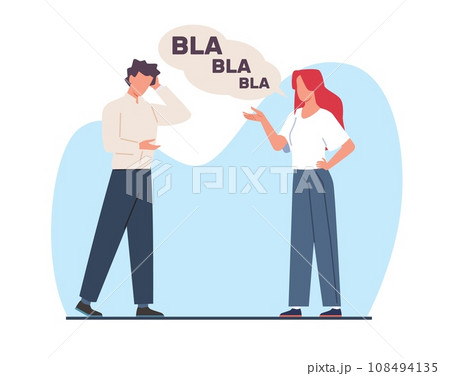 Woman chatting up man whos bored. Girl and boy communication. Tired human. Uninteresting talk. Unsuccessful date. Blah in speech bubble cartoon flat style isolated vector boredom concept 108494135