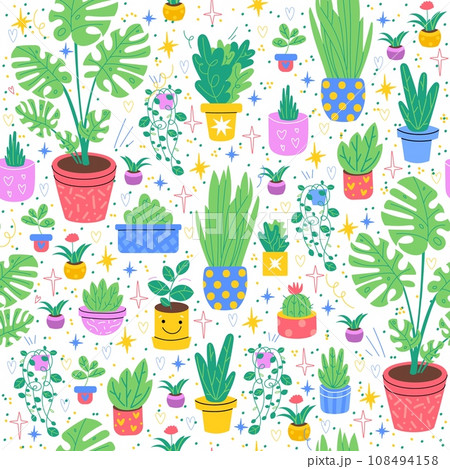 Seamless pattern with house flowers. Green tropical plants in colorful pots. Decor textile, wrapping paper, wallpaper design. Print for fabric. Cartoon flat isolated vector concept 108494158