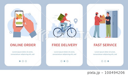 Food grocery delivery banners. Ordering products by phone and via app, fast service, different couriers movement methods. Online service app cartoon flat style isolated nowaday vector set Food grocery delivery banners. Ordering products by phone and via app, fast service, different couriers movement methods. Online service app cartoon flat style isolated nowaday vector set 108494206