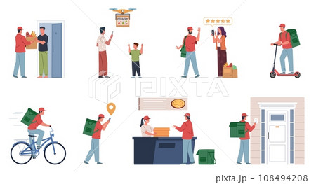 Food delivery service. Couriers delivering products from restaurants, cafes and shops, customers order to doorstep. Online service app. Cartoon flat style isolated nowaday vector set 108494208