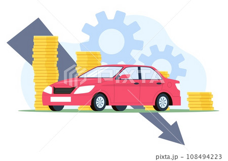 Concept of depreciation, lowering value of car. Buying and selling automobile. Chart with arrow. Finance and insurance. Falling market. Auto price. Cartoon flat isolated vector illustration 108494223