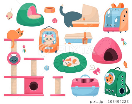 Cats accessories. Cute animals with beds toys and carriers, different devices for pets, transportation, bags and backpacks, care and play, pet shop. Vector cartoon flat isolated illustration set 108494228