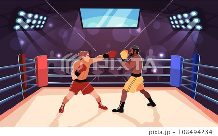 Boxing people. Fighters characters at ring, professional athletes in sparring, strong men in combat sport, Muscular men in sparring on championship tidy vector cartoon flat isolated concept Boxing people. Fighters characters at ring, professional athletes in sparring, strong men in combat sport, Muscular men in sparring on championship tidy vector cartoon flat isolated concept 108494234