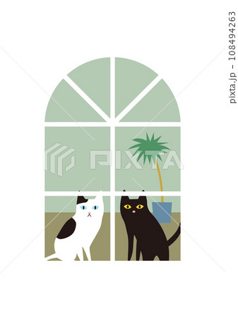 窓からネコが外を覗いている切り絵風イラスト 窓からネコが外を覗いている切り絵風イラスト 108494263