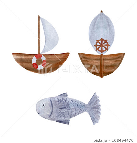 Watercolor brown wooden sailboat set 108494470