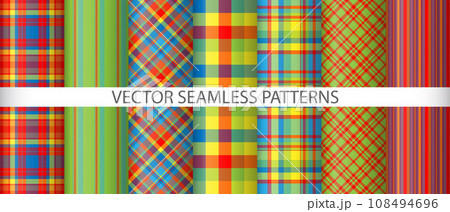 Set seamless vector check. Pattern textile fabric. Tartan texture plaid background. Set seamless vector check. Pattern textile fabric. Tartan texture plaid background. 108494696