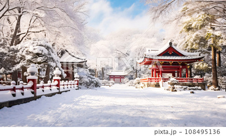 雪と寺、日本的なお寺の冬の風景、AI生成画像 108495136