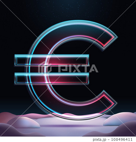 Realistic 3D rendering big glass Euro sign. European currency with neon glow and sparkles insight. Futuristic vector winter illustration Realistic 3D rendering big glass Euro sign. European currency with neon glow and sparkles insight. Futuristic vector winter illustration 108496411