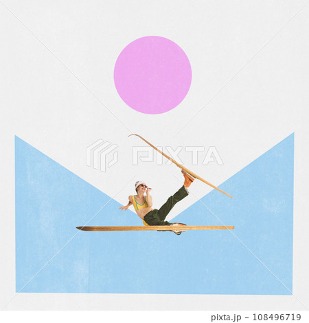 Poster. Contemporary art collage. Modern creative artwork. Happy girl in retro swimwear lay in valley on snow in skis and having fun. Concept of happy holidays. 108496719