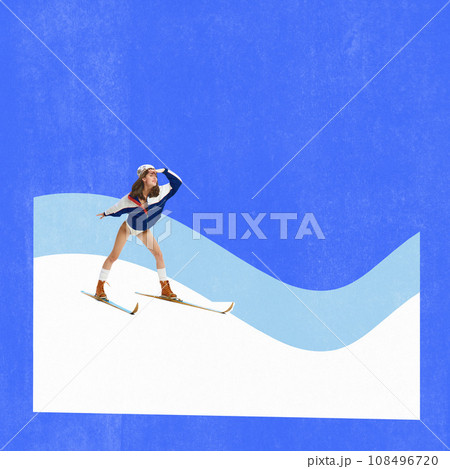 Poster. Contemporary art collage. Modern creative artwork. Woman in retro swimsuit and coat going down the snowy hills on ski. Concept of happy holidays. 108496720