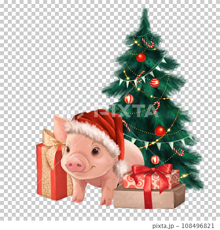 Pig with fir tree and presents. Christmas card 108496821