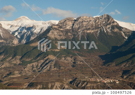 Village and mountains. Village and mountains. 108497526