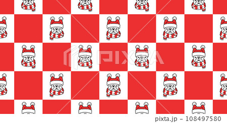 dog seamless pattern french bulldog Christmas scarf Santa Claus hat vector puppy pet doodle cartoon checked tartan plaid gift wrapping paper tile background repeat wallpaper illustration scarf isolate 108497580