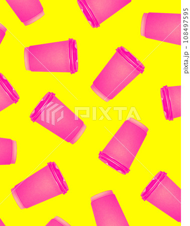 Carton coffee cup on yellow background with white text. Coffee to go, take away service. Contemporary art collage. Poster. Drink 108497595
