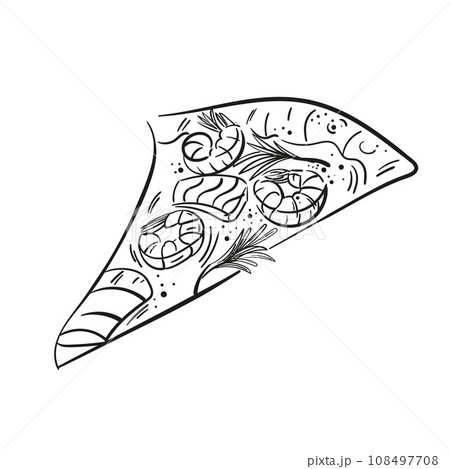 Hand drawn vector slice of seafood pizza topped with cheese, shrimp, salmon, greenery . Doodle style line illustration. For menu, flyer, design, web. Hand drawn vector slice of seafood pizza topped with cheese, shrimp, salmon, greenery . Doodle style line illustration. For menu, flyer, design, web. 108497708